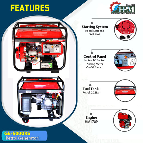 5 KVA Light Weight Portable Generator, Recoil & Self Start, Model GE-5000RS